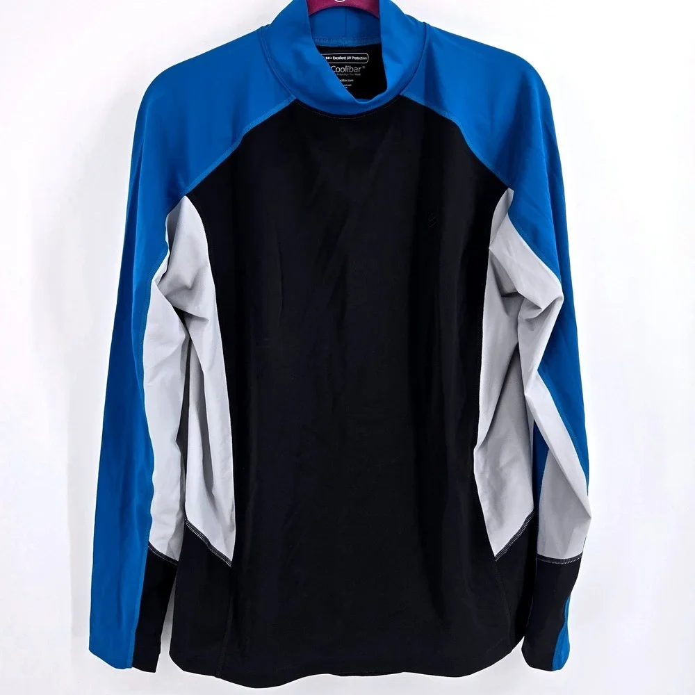 Coolibar‎ Point Break Rash Guard Large Blue Black Mock Neck UPF 50+ EUC